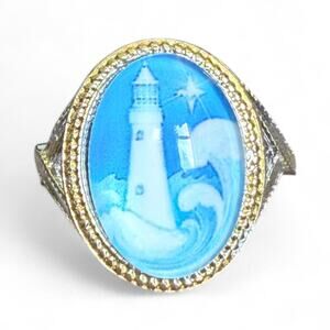 Blue Glass Lighthouse Hidden Message Ring New